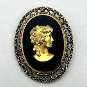 Vintage Cameo Brooch Black & Gold Oval Victorian Style Pin 2 inches